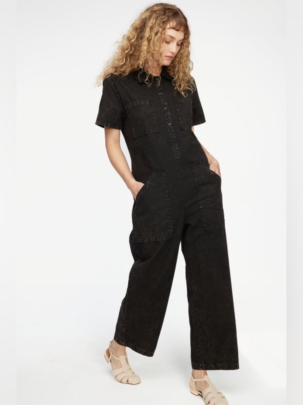 LACAUSA Black washed short sleeve front pockets XS cotton wide leg jumpsuit - Picture 11 of 11